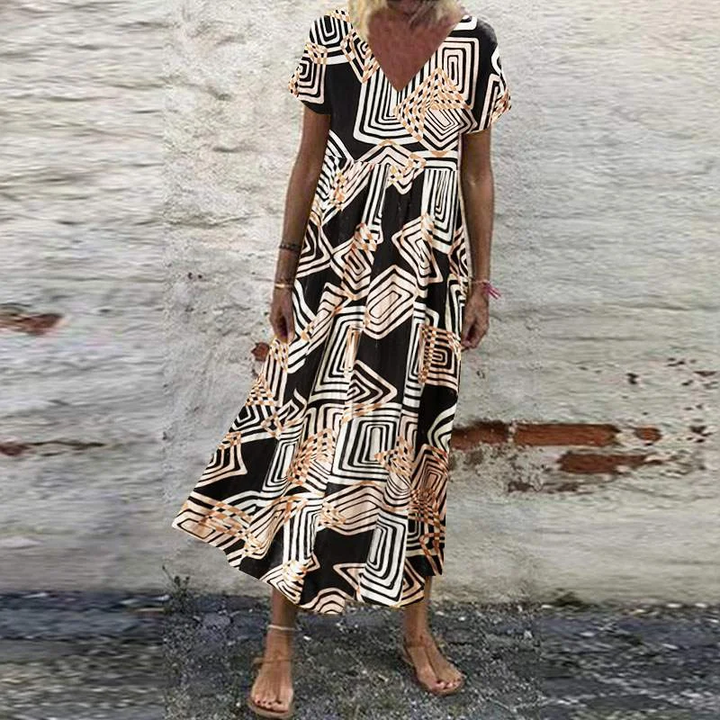 ZANZEA Women Summer Sundress Vintage V Neck Short Sleeve Floral Printed Long Dress Bohemian Beach Vestidos Kaftan Robe Femme