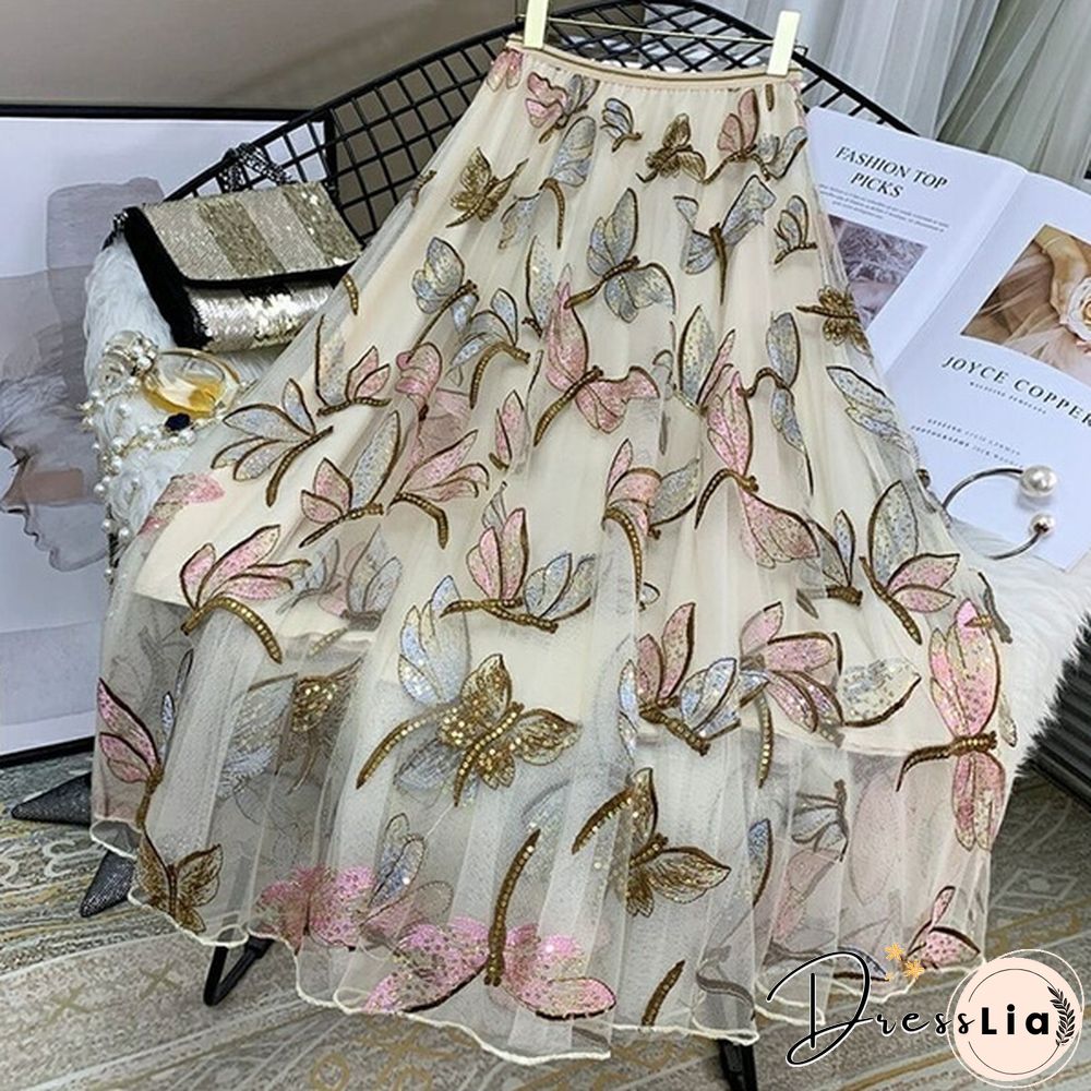 High Quality Sequins Embroidery Dragonfly Two Layer Mesh Pleated Skirt Women Summer High Waist Long Skirts Womens Elegant