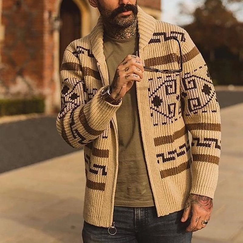 Fashion Geometric Pattern Zipper Sweater Coat