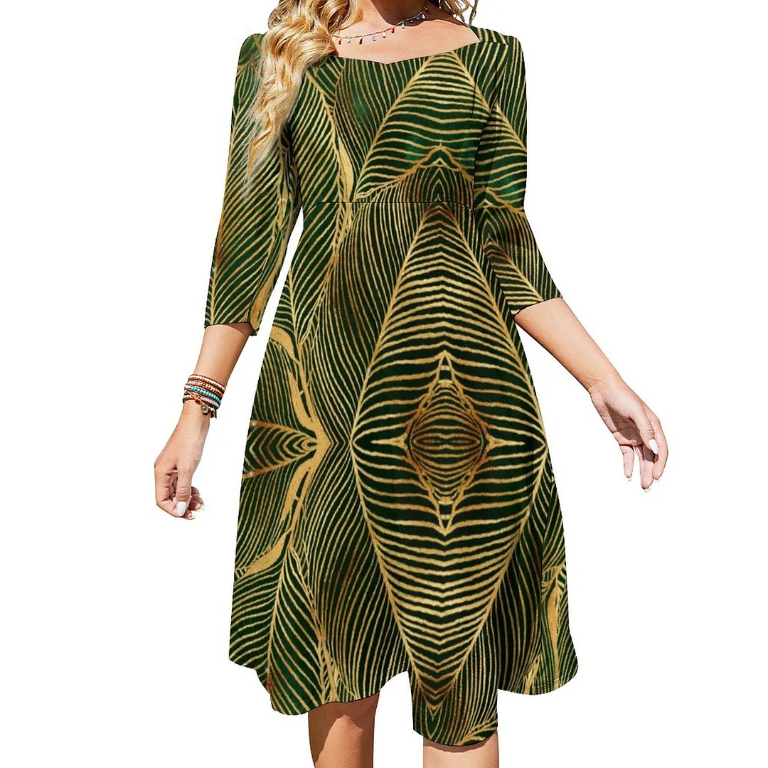 Gold Leaves Forest Green Elegant Pattern Dress Sweetheart Tie Back Flared 3/4 Sleeve Midi Dresses
