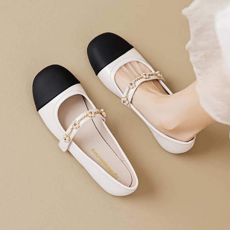 Sqaure Toe Pearl Colorblock Mary Janes Flats Shoes - Modakawa modakawa