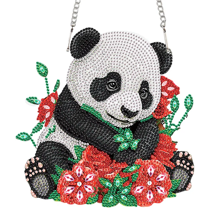 Panda and Roses Acrylic Single Sided Diamond Painting Pendant gbfke