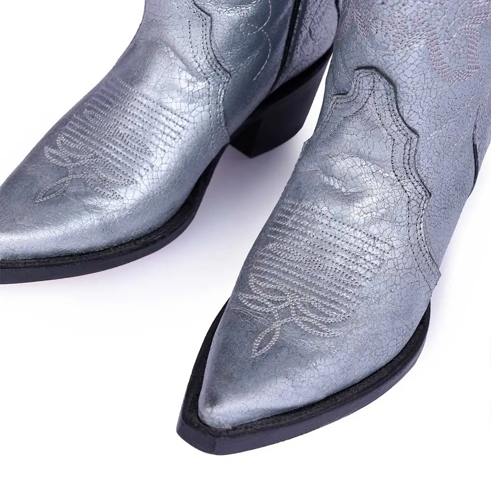 Silver Pointed Toe Embroidered Mid Calf Women's Western Boots