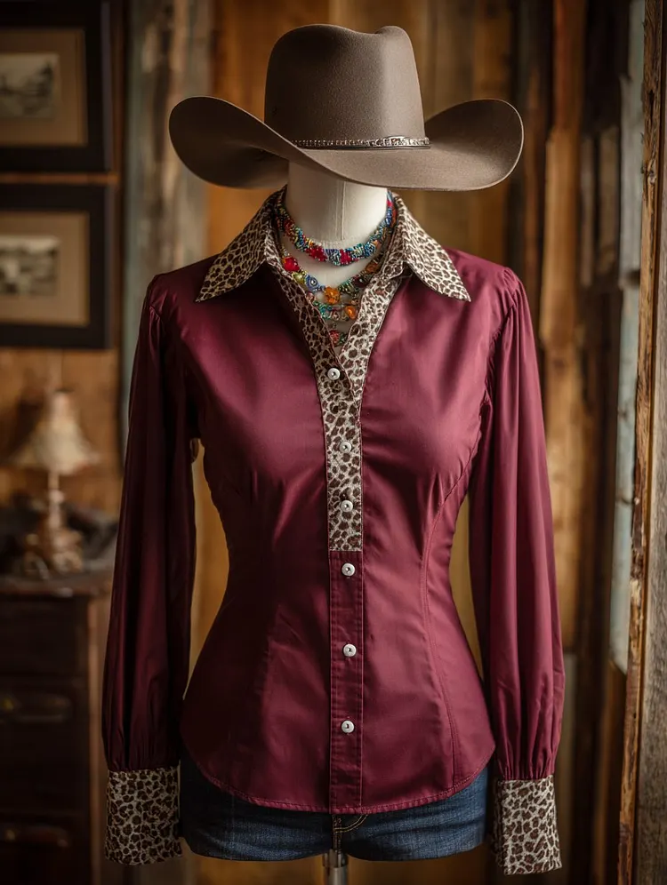 Women's Western Leopard Print Long Sleeve Shirt 