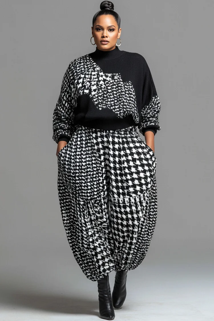 Xpluswear Design Plus Size Business Casual Grey Houndstooth Mock Neck Long Sleeve Pocket Casual Jogging Two Piece Pant Sets 2024 - Xpluswear
