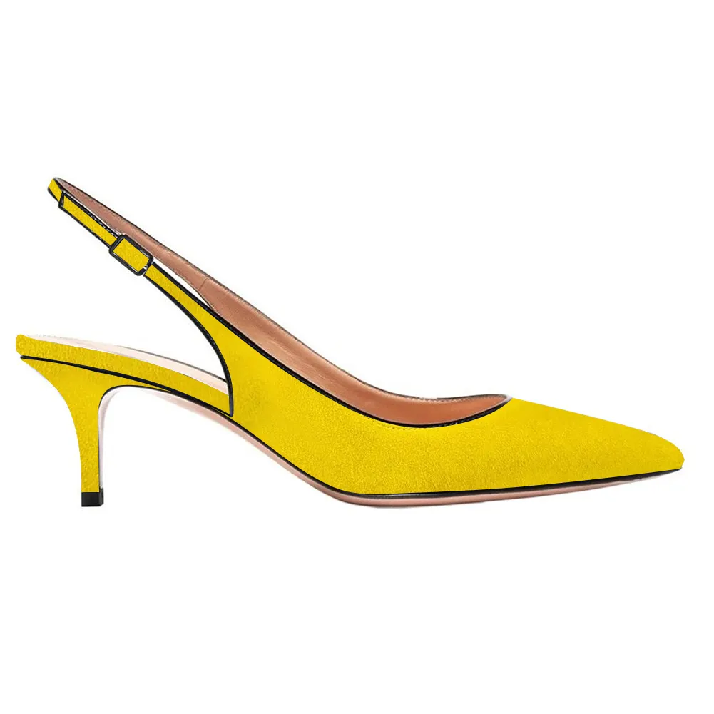 Women's Pointed Toe Slingback Shoes Kitten Heel Pumps Comfortable Dress Yellow Suede Shoes-vocosishoes