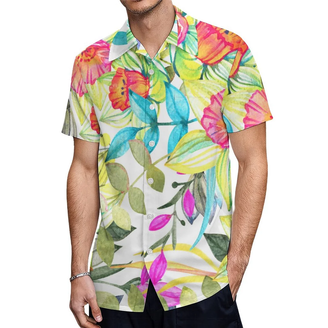 Colorful Watercolor Floral Daffodil Hawaiian Shirt Mens Button Down Plus Size Tropical Hawaii Beach Shirts