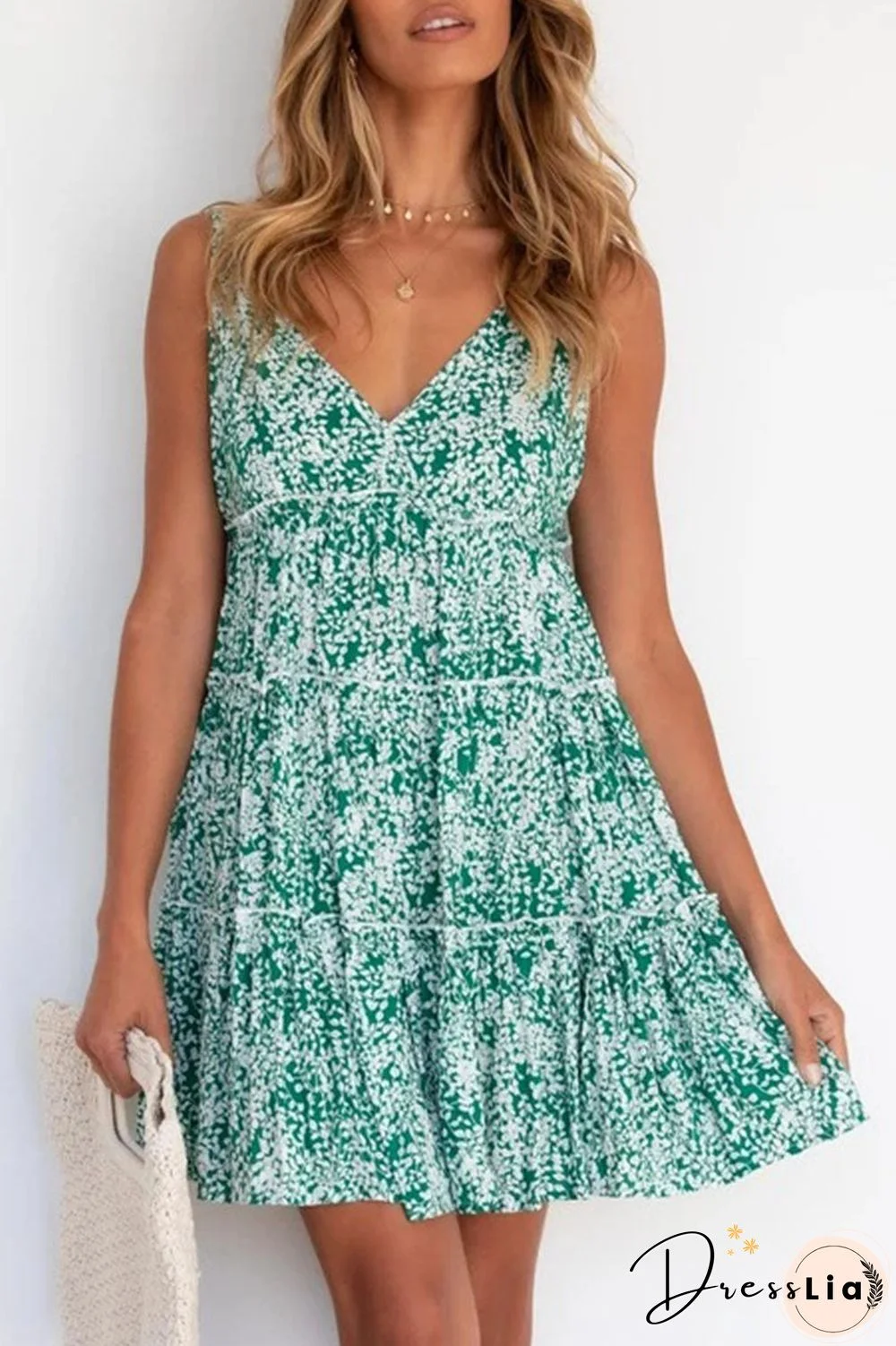 Fashion Street Print Split Joint V Neck Cake Skirt Dresses