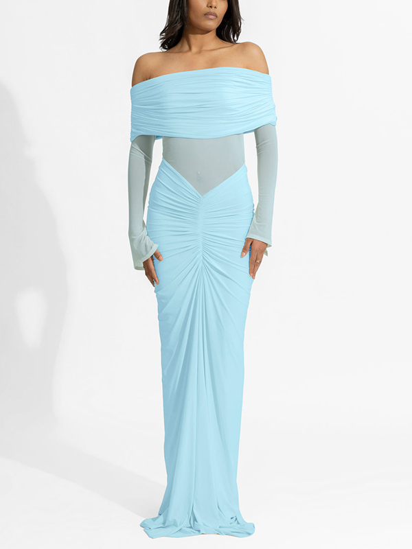 Off The Shoulder Long Sleeve Sheer Mesh Pleated Bodycon Maxi Dress