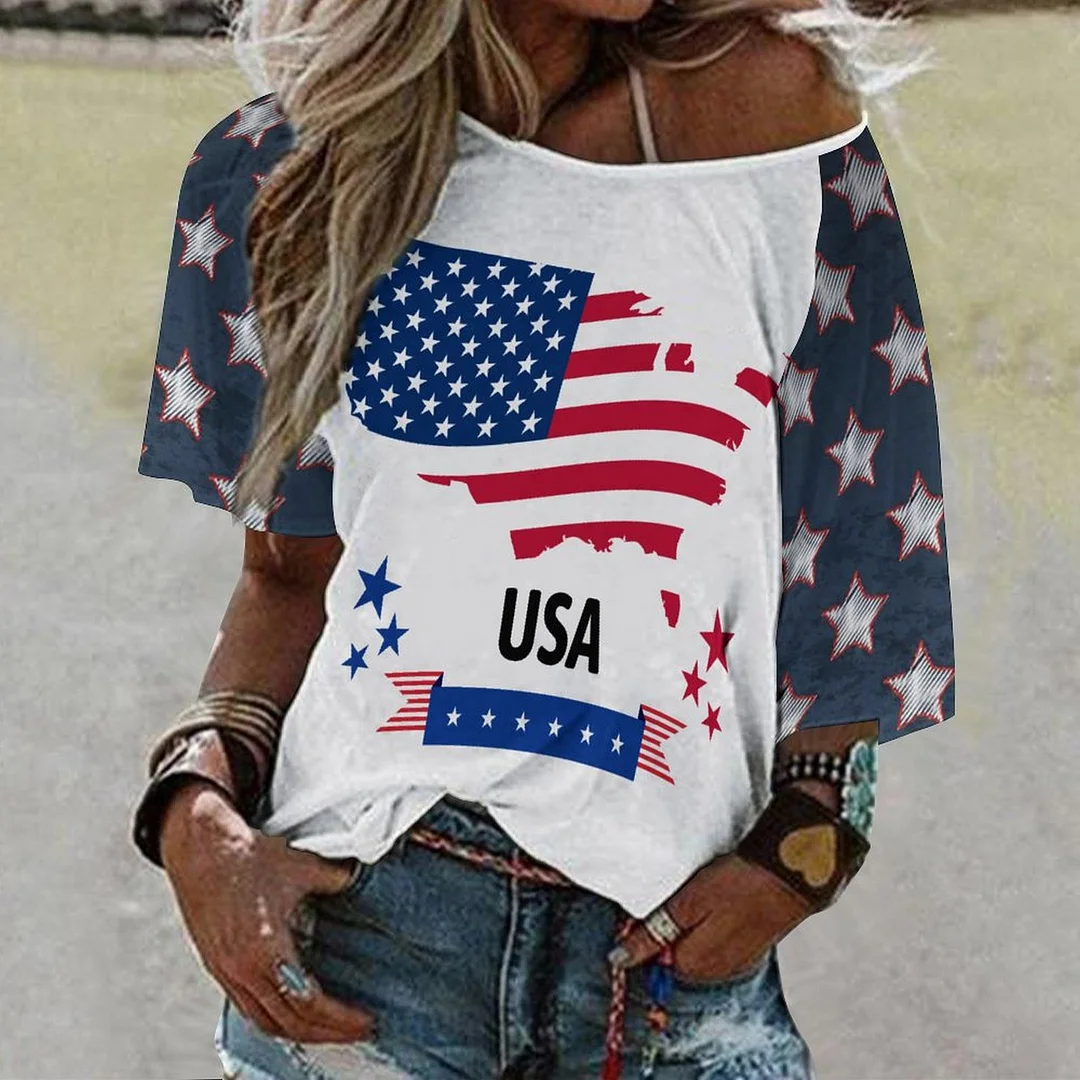 Shoulder Off  Loose Short Sleeve Casual T-shirt for Women Printed with Pattern USA, Independence Day, Star, Striped, Blue, Red