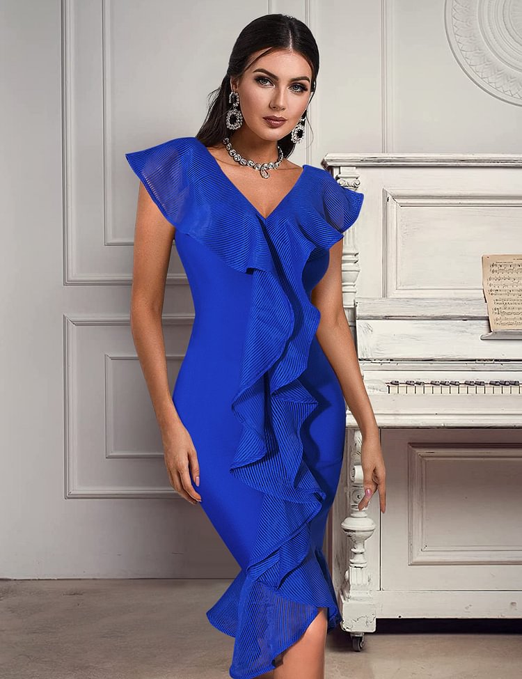 Klein Blue V Neck Ruffle Bandage Dress SF535