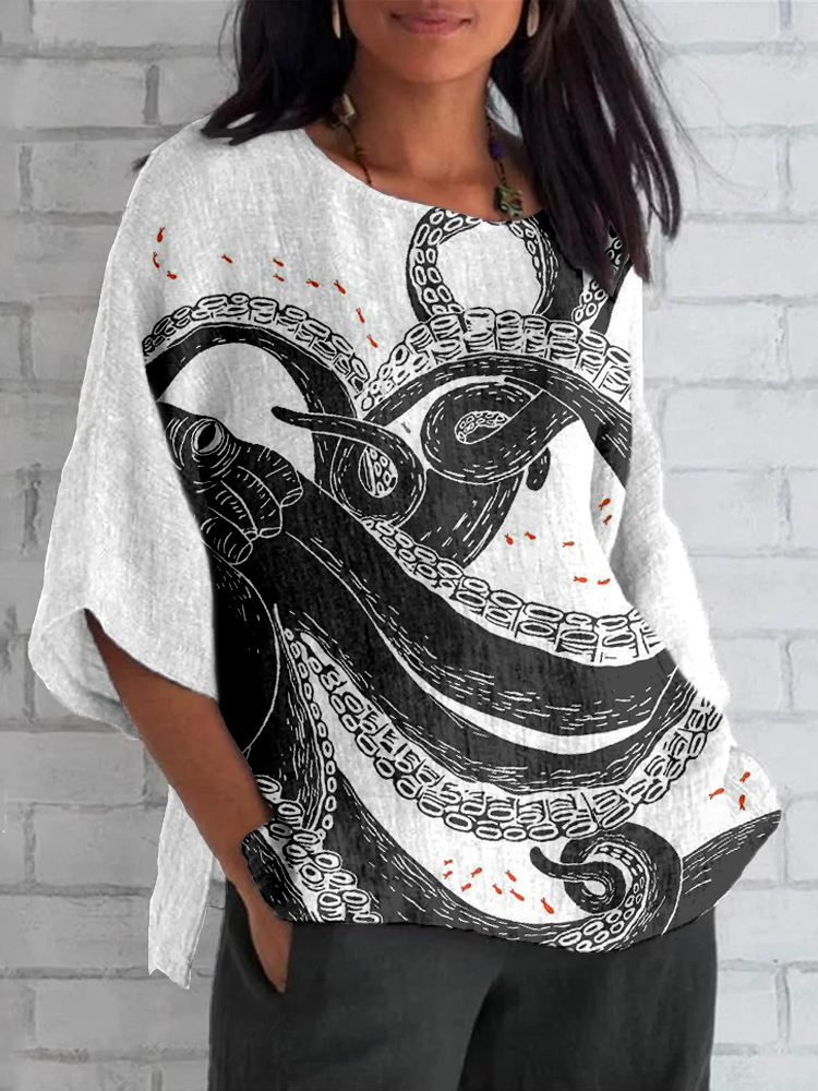 Comstylish Octopus Art Crew Neck Linen Blend Cozy Tunic