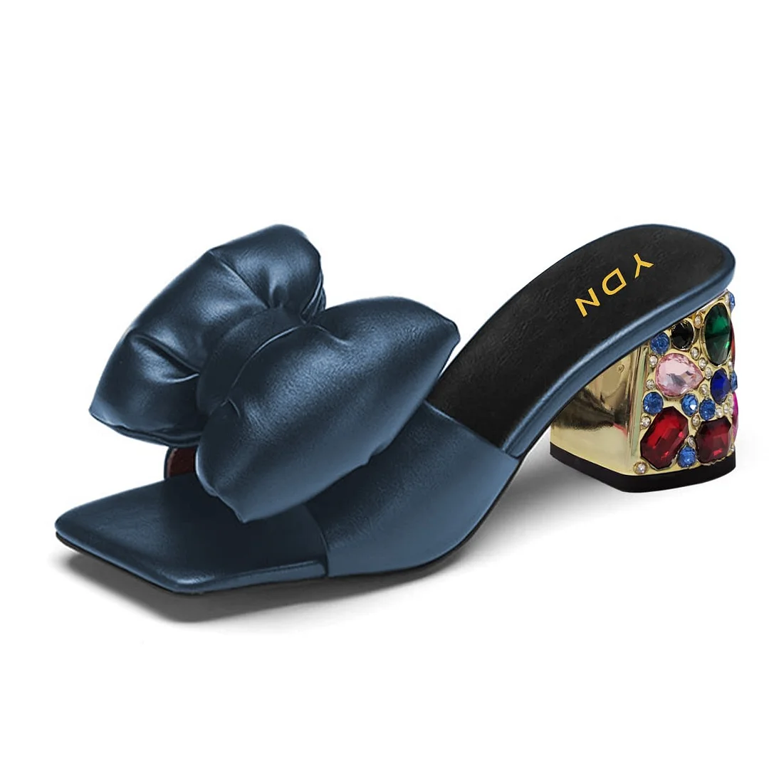 Navy Decorative Heel Wide Band Rhinestone Bow Women's Mules Shoes