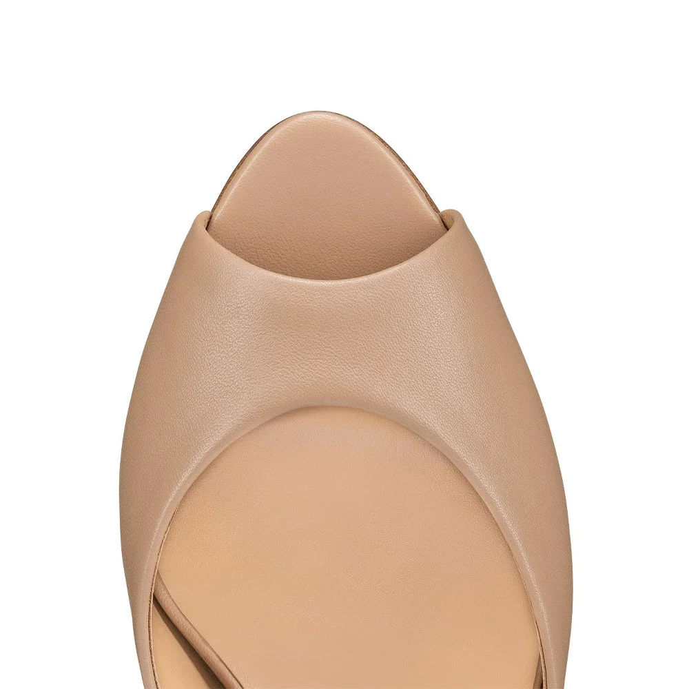 Fashion Peep Toe Kitten Heel Slip On Mules for Women in Nude