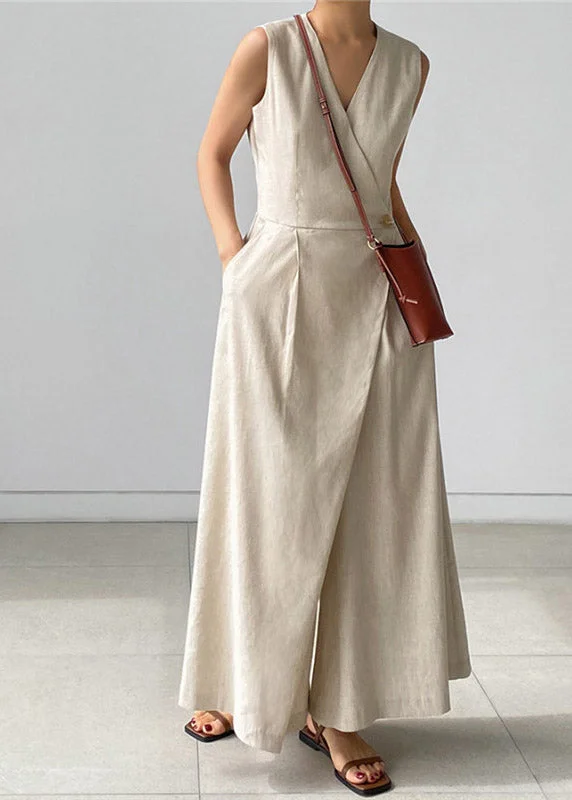 Chic Beige V Neck Button Pockets Jumpsuit Pants Summer