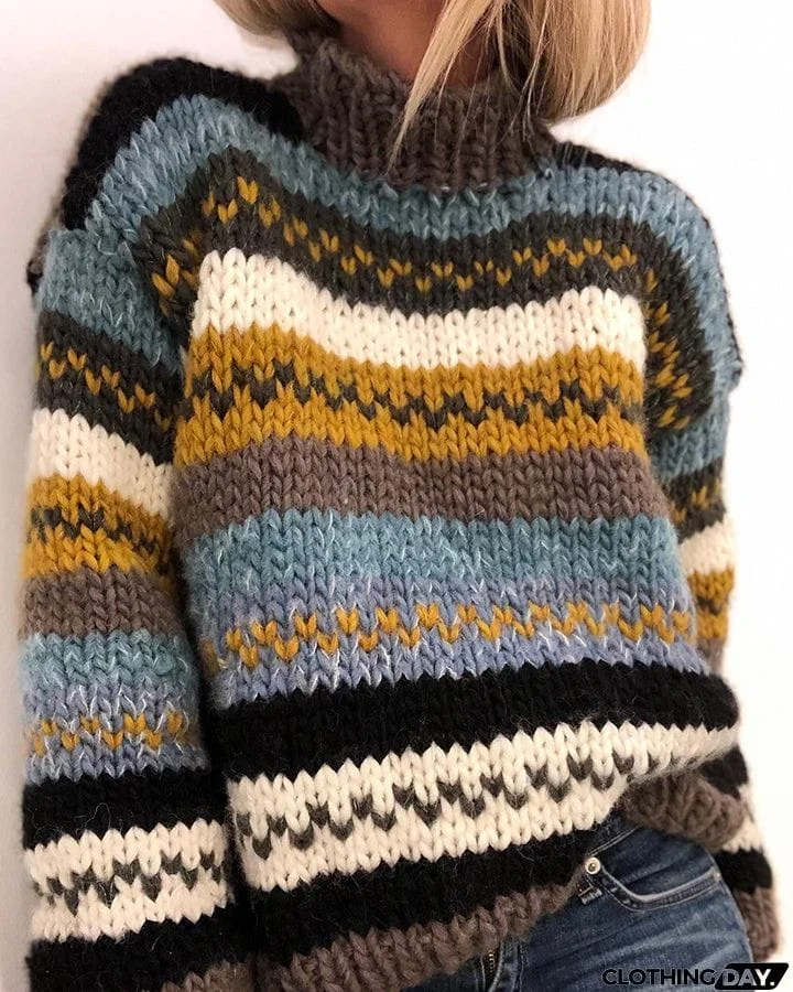 Chunky Retro Pattern Knit High Neck Pullover Sweater