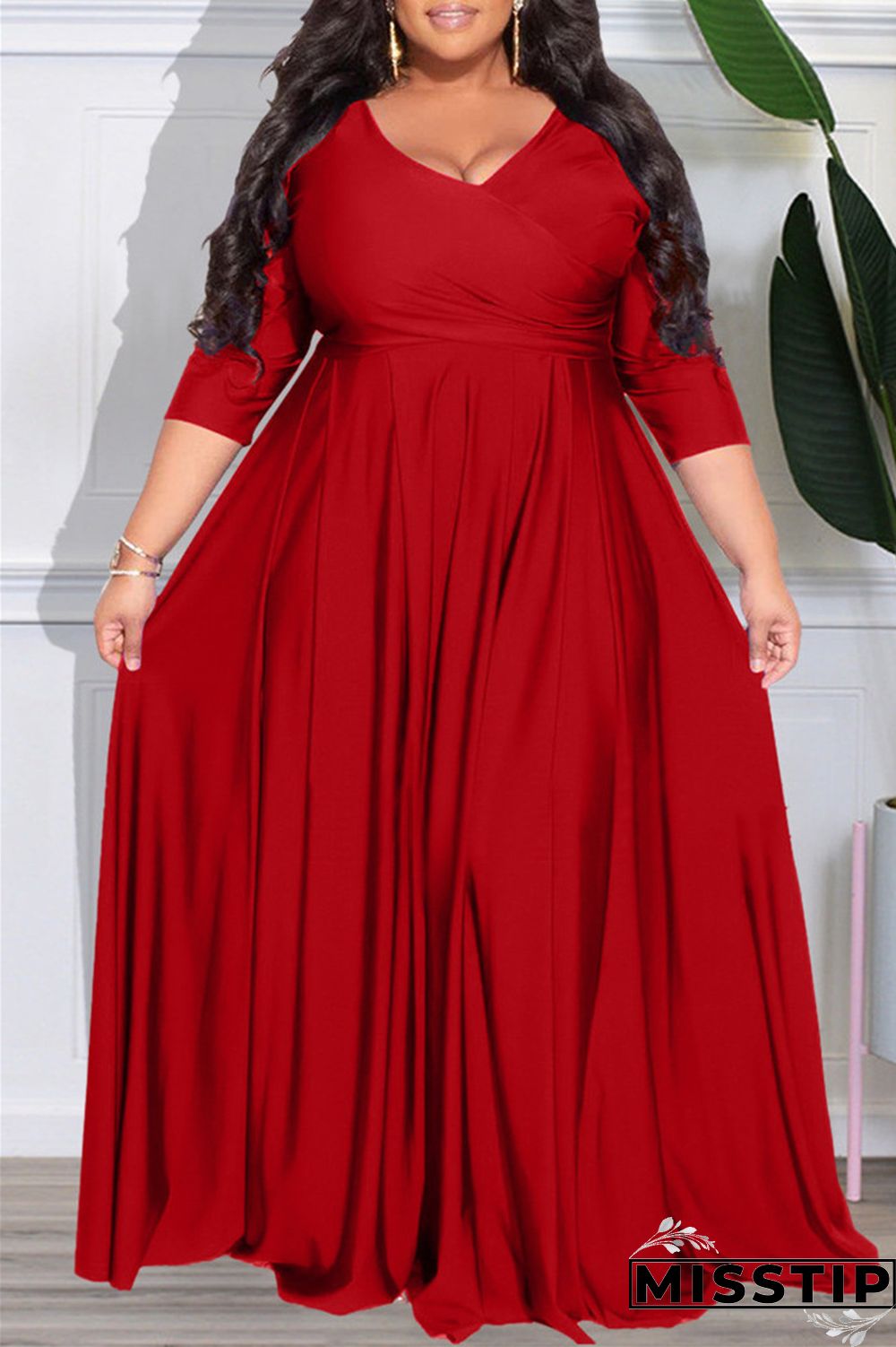 Dark Purple Casual Solid Patchwork V Neck Long Sleeve Plus Size Dresses