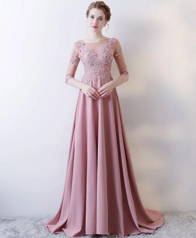 Pink Lace Long Prom Dress, Long Sleeve Evening Dress