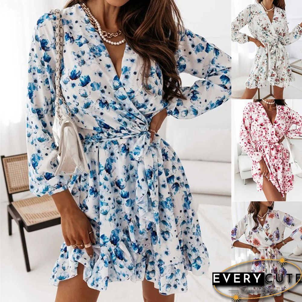 Fall Fashion Floral Print V-neck Long Sleeve Slim Mini Dress Ladies Elegant Vestidos