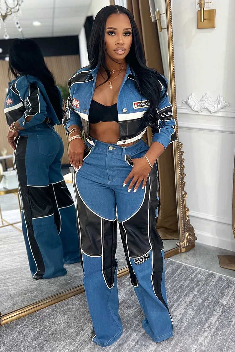 PU Leather Patchwork Crop Jacket Wide Leg Pants 2pcs Set-Blue [Pre Order]