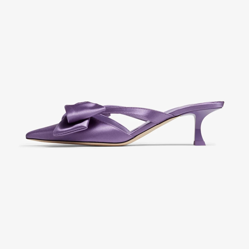 GOOSHOE Purple Pump Mules with Satin Pointed Toe and Bow Kitten Heels