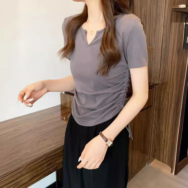 Uveng Uveng Sense V-Neck Draw Rope Slim Pure Desire Wind Short Sleeve T-Shirt Women's Wear 2024 Summer New Solid Color Student Jacket Tide