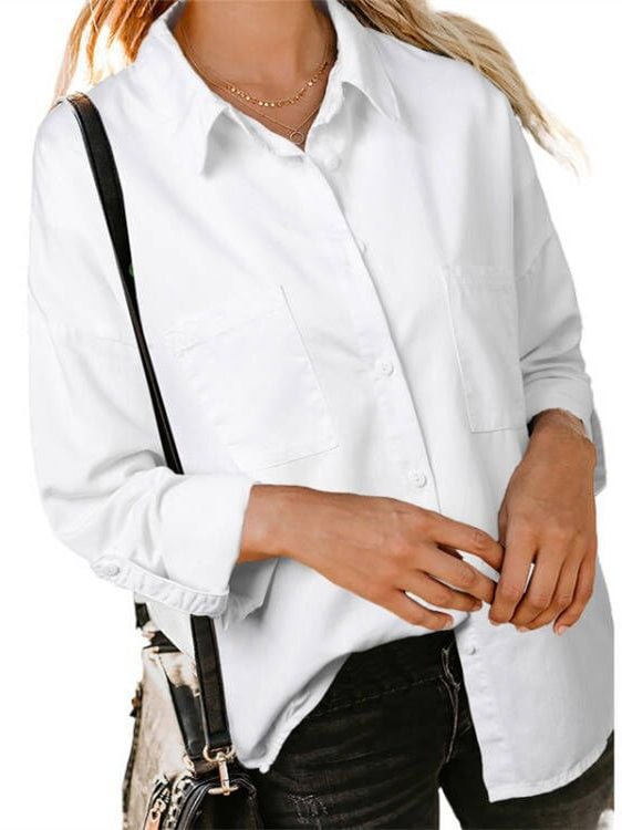 Women Long Sleeve Shirt Collar Soild Pockets Button Tops Shirts