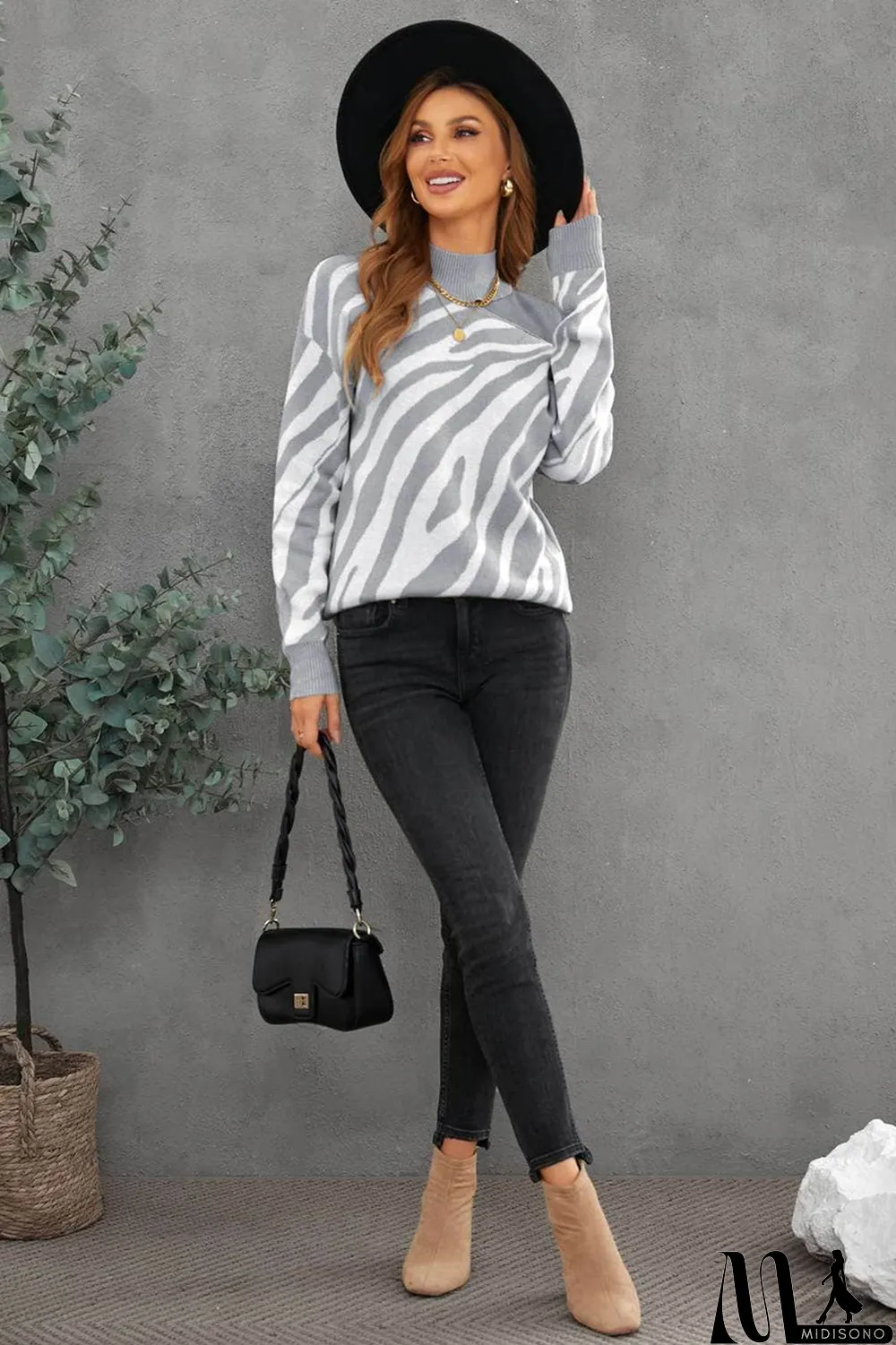 MidiSono - Gray Zebra Print Mock Neck Cold Shoulder Sweater