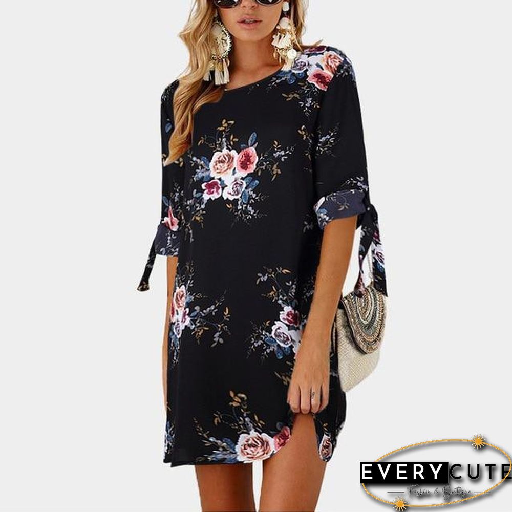 Women Chiffon Floral Print Mini Dress Boho Beach Half Sleeve Elegant Dress Black Dresses