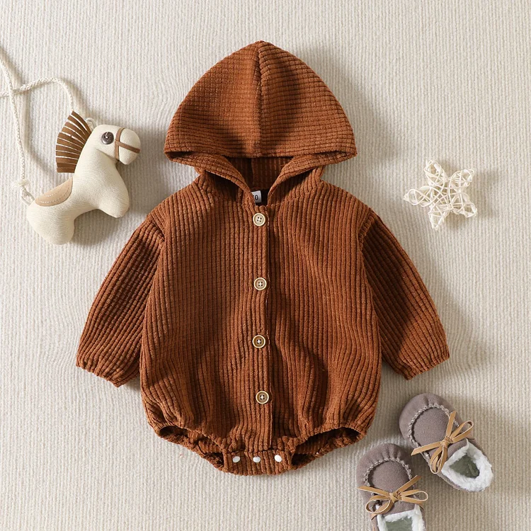 Baby Boy/Girl Solid Color Corduroy Long Sleeve Hooded Bodysuit