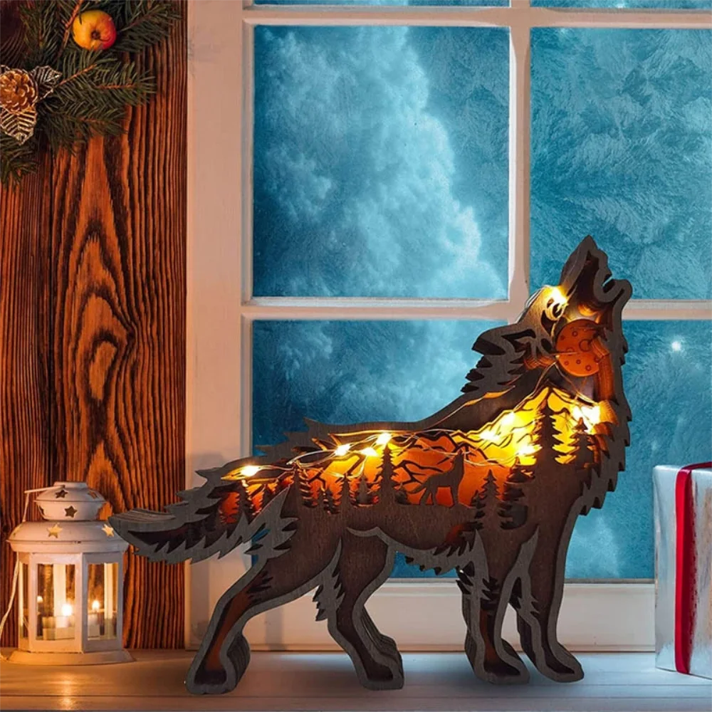 Purexcellent&trade; New creative home desktop wood carving wolf crafts ornaments
