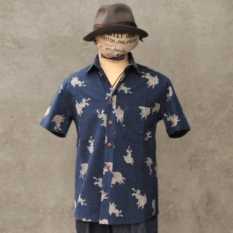 Men's Indigo Vintage-Style Printed Short Sleeve Shirt