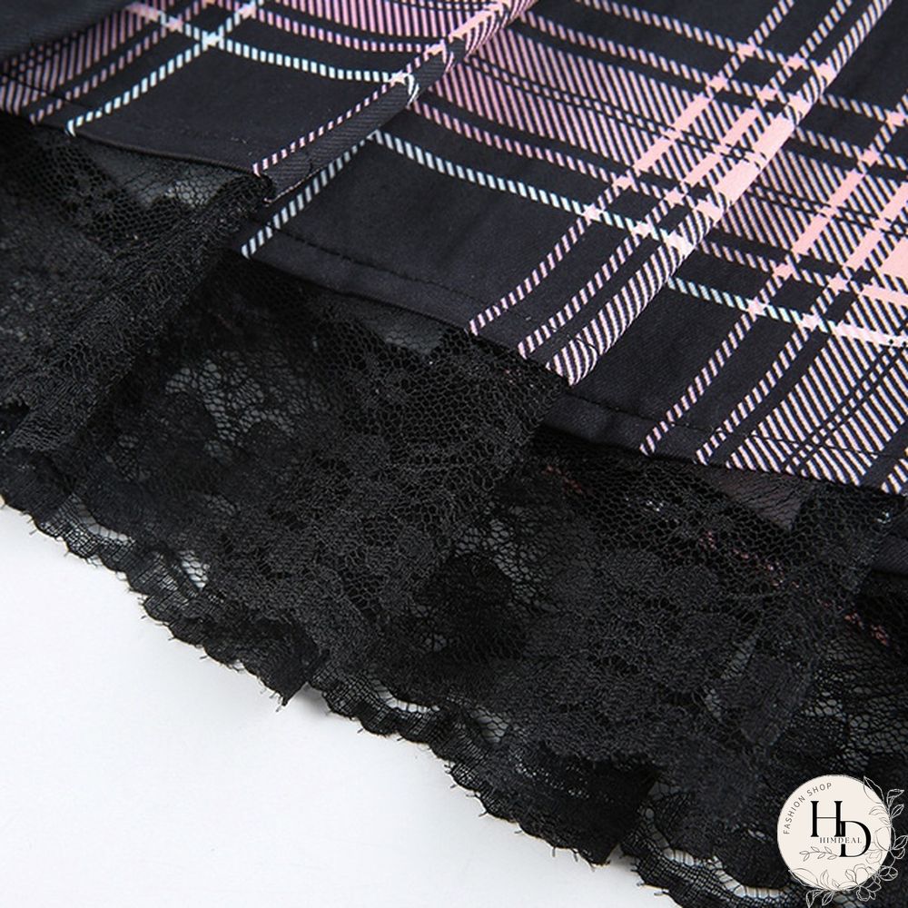 Summer New Lace Gothic Woman Skirts Pink Stripe Plaid Trim Pleated Skirt Punk Dark