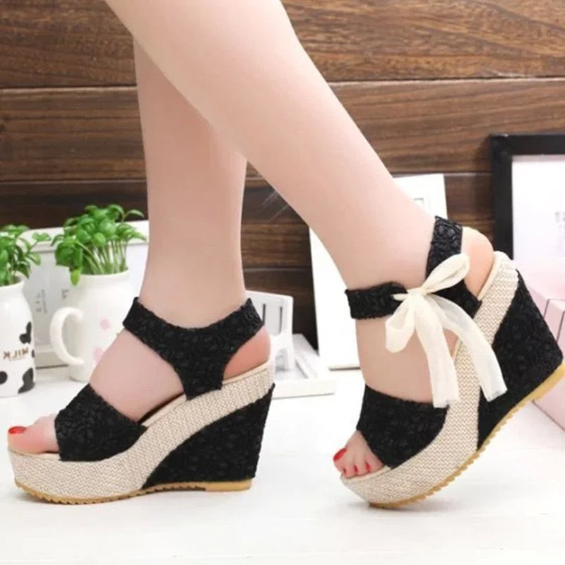 hot lace  Women Wedges heeled women Shoes  Summer Sandals Party Platform High Heels Shoes Woman