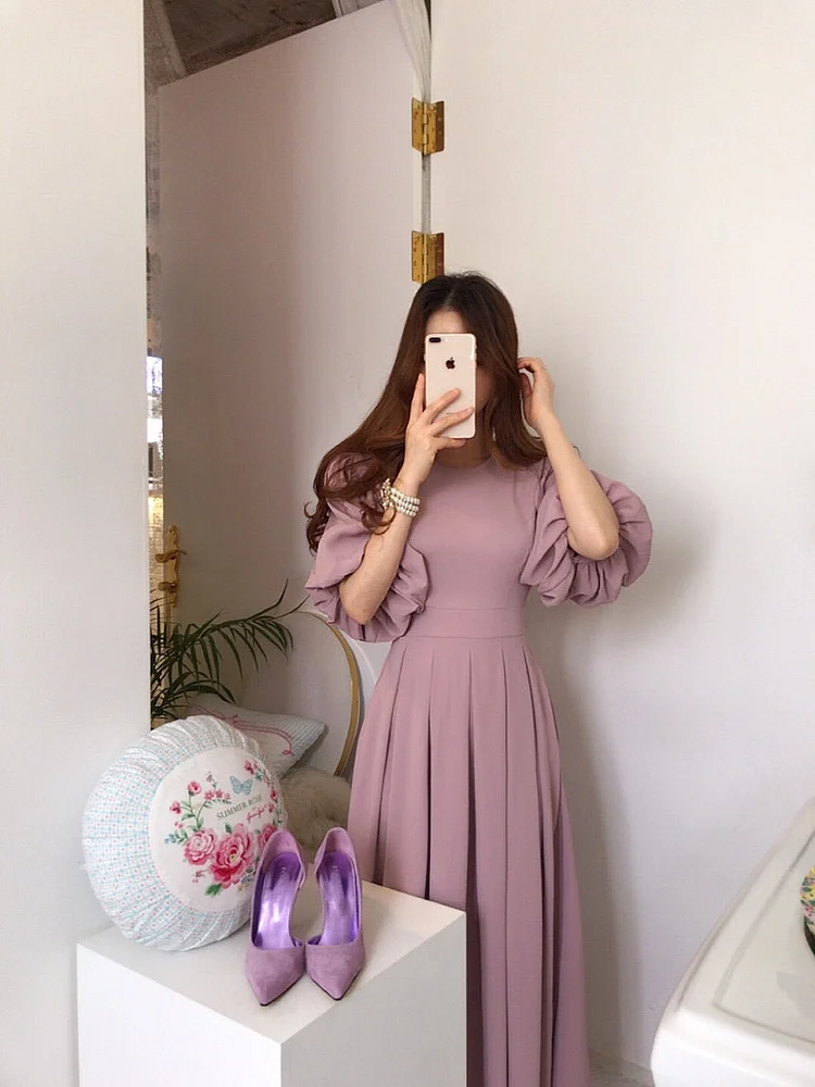 Premium Collection Lantern Sleeve Pocketed Pleated Dress