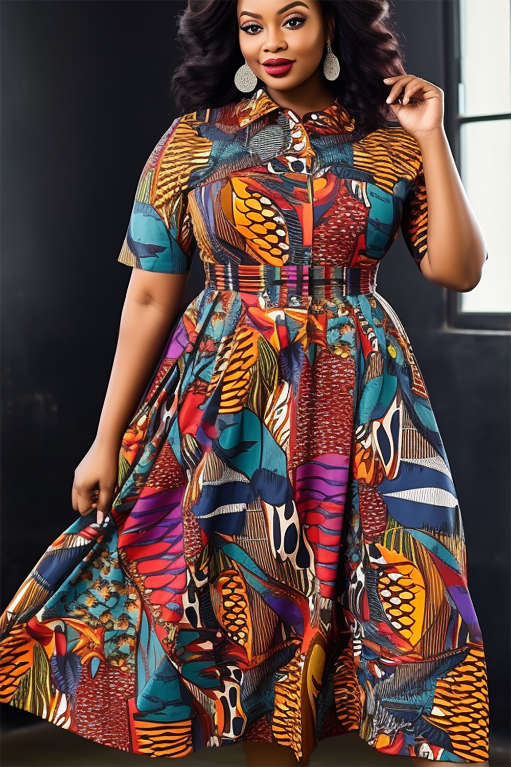 Design Plus Size Casual Multicolor Ankara Shirt Collar Short Sleeve Knitted Midi Dresses [Pre-Order]