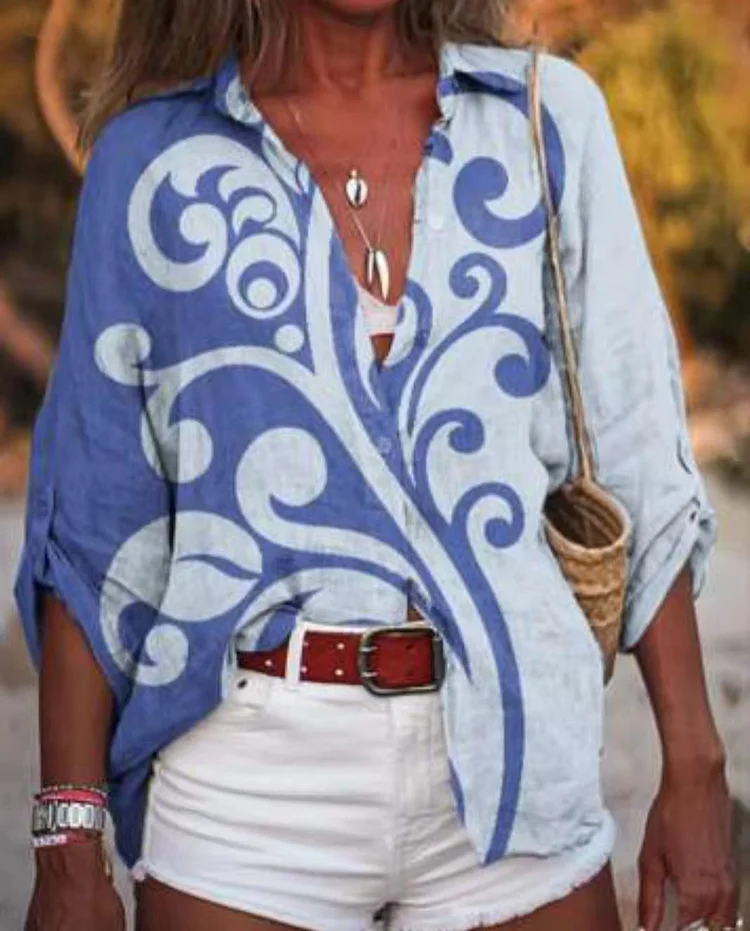 Flowers Printing 3/4 Sleeve Shirt