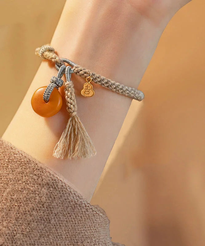 Fine Khaki Hand Knitting Beeswax Gourd Tassel Charm Bracelet