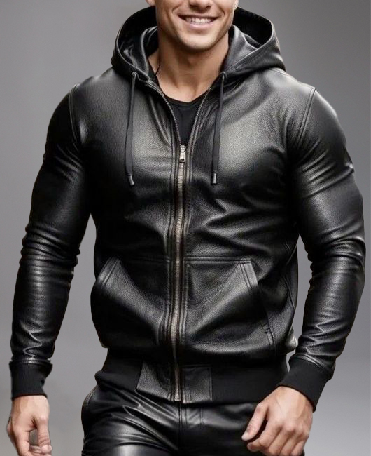 Casual PU Leather Zip Up Drawstring Hooded Jacket