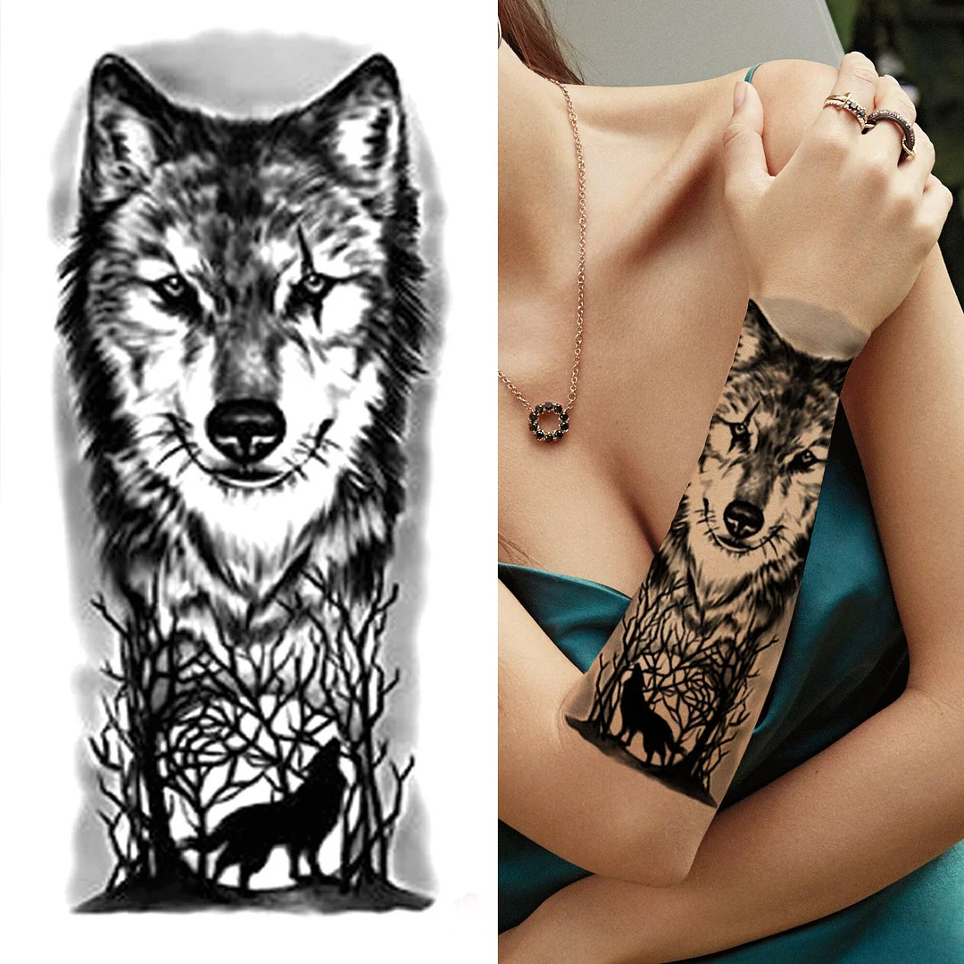 Sdrawing Wolf Forest Tattoo Sticker For Men Women Children Tiger Death Skull Temporary Tatoo Fake Lion Skeleton King Animal Tattoo