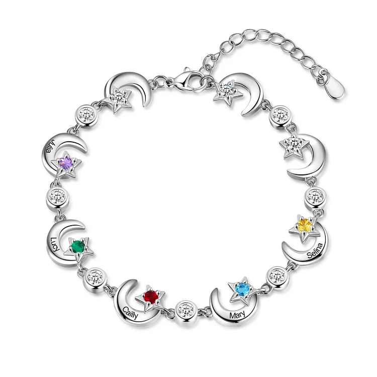 Personalized Moons And Stars Bracelet With 5 Birthstones Custom Names Bracelet Gift For Women