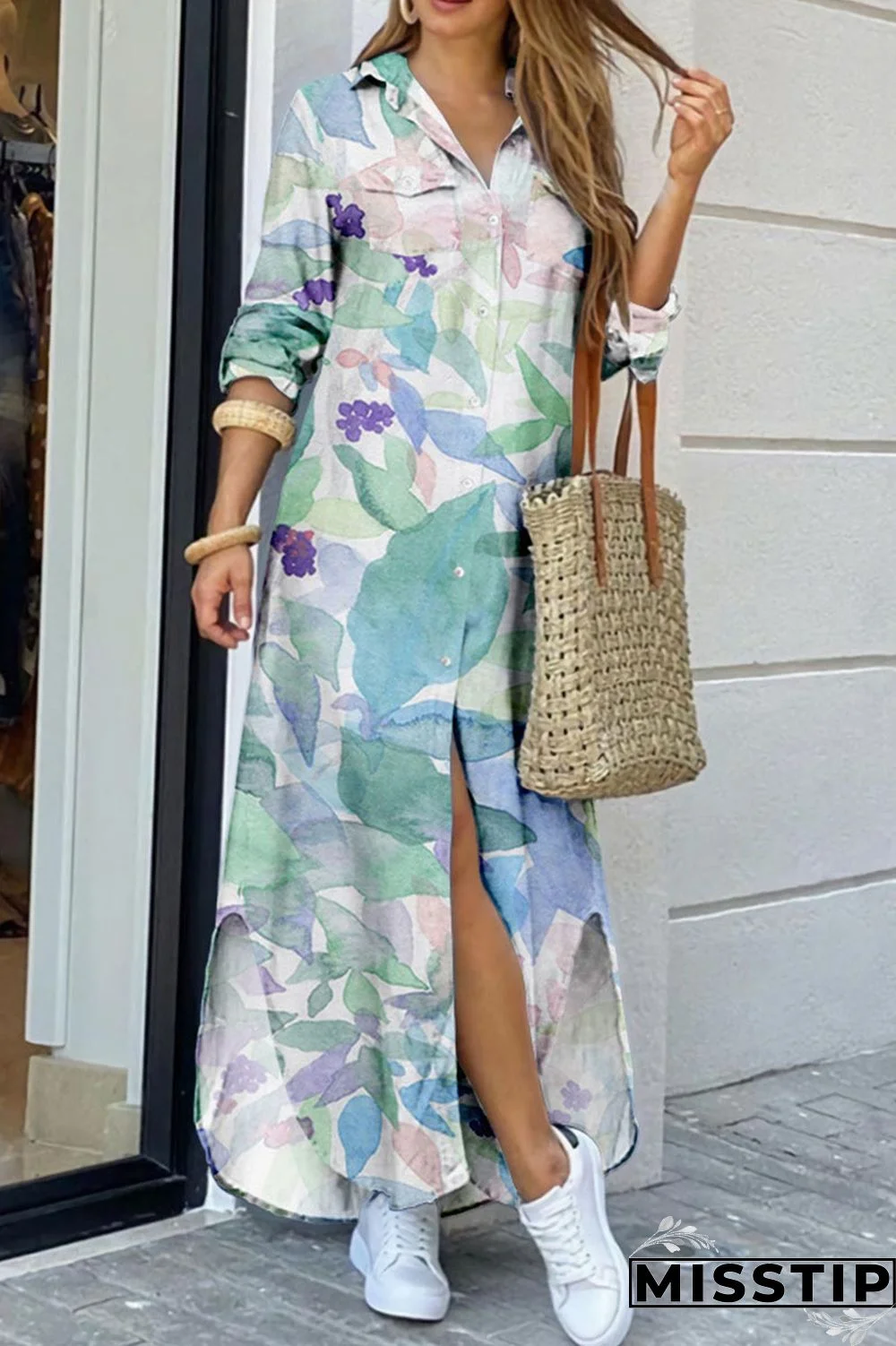 Lake Green Casual Street Print Patchwork Buckle Turndown Collar Shirt Dress Dresses