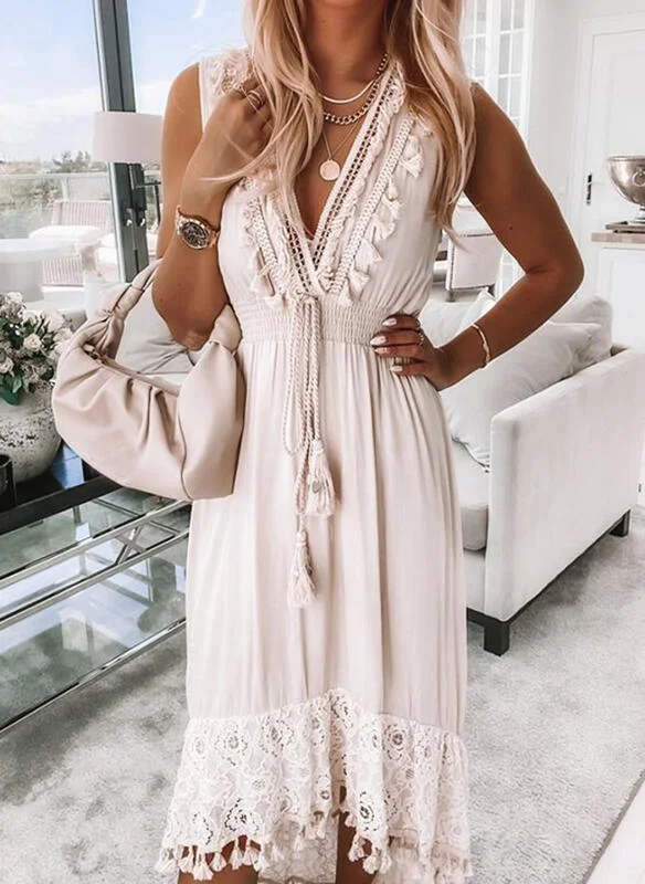 Brownm Swing Color V-neck Mid-waist Pullover Lace Waist-controlled Large Hem Dress
