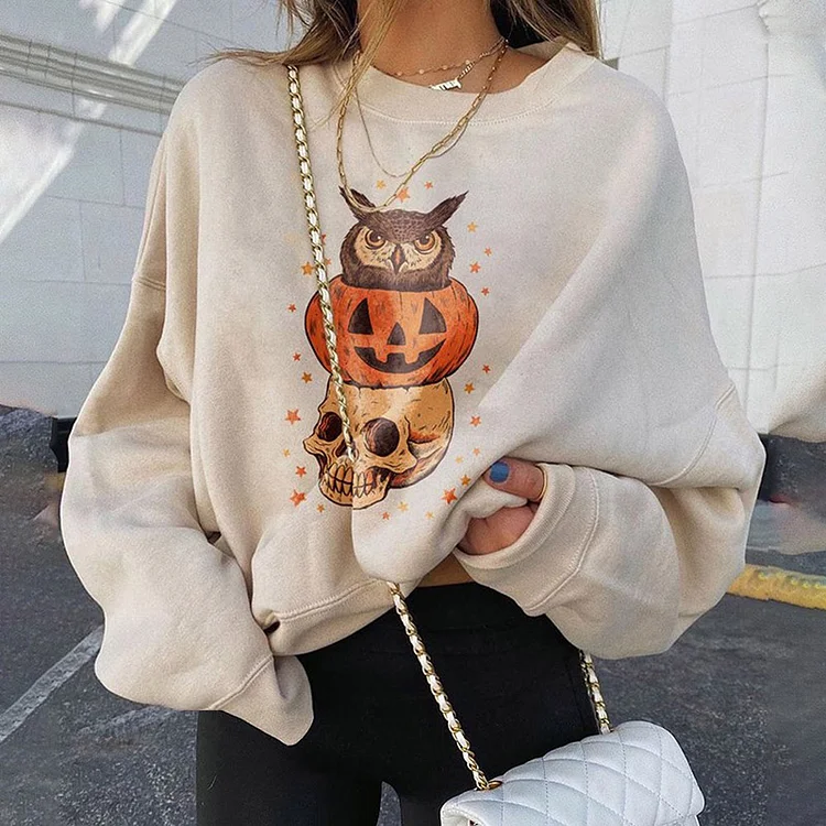 Vefave Halloween Pumpkin Skull Print Casual Sweatshirt