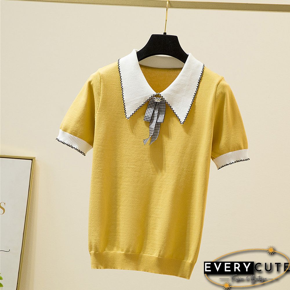 Korean Fashion Bow Women T Shirt Turn-Down Collar Knitted Tee Shirt Female Summer Short Sleeve Sweet Style Tshirt Woman Clothes