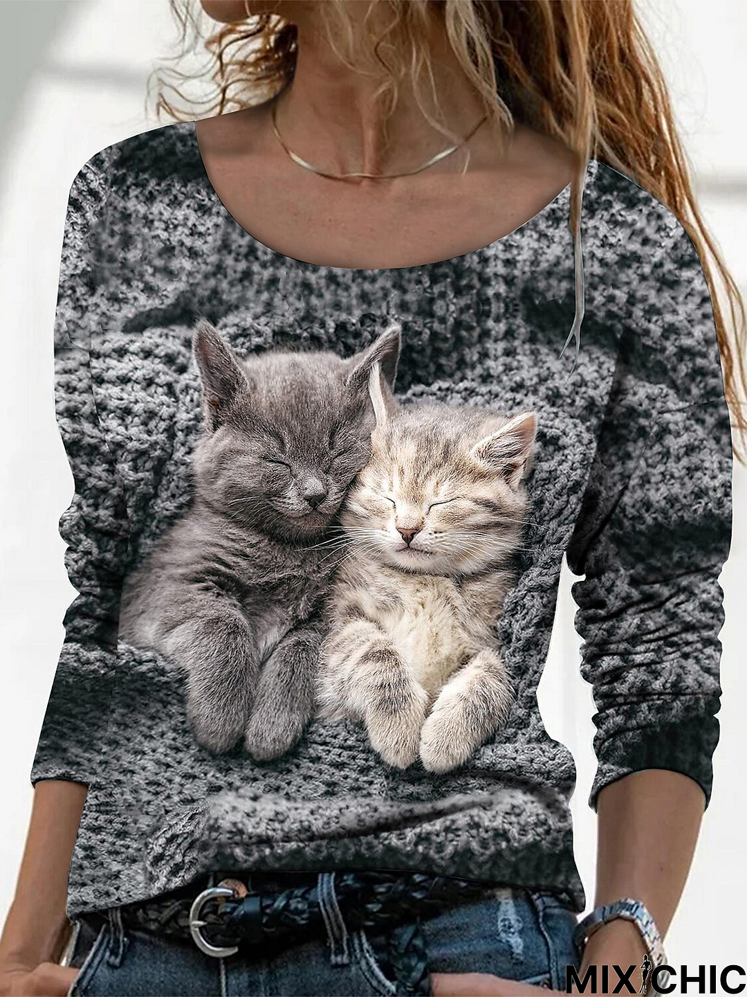 Cat Crew Neck Jersey Casual Top