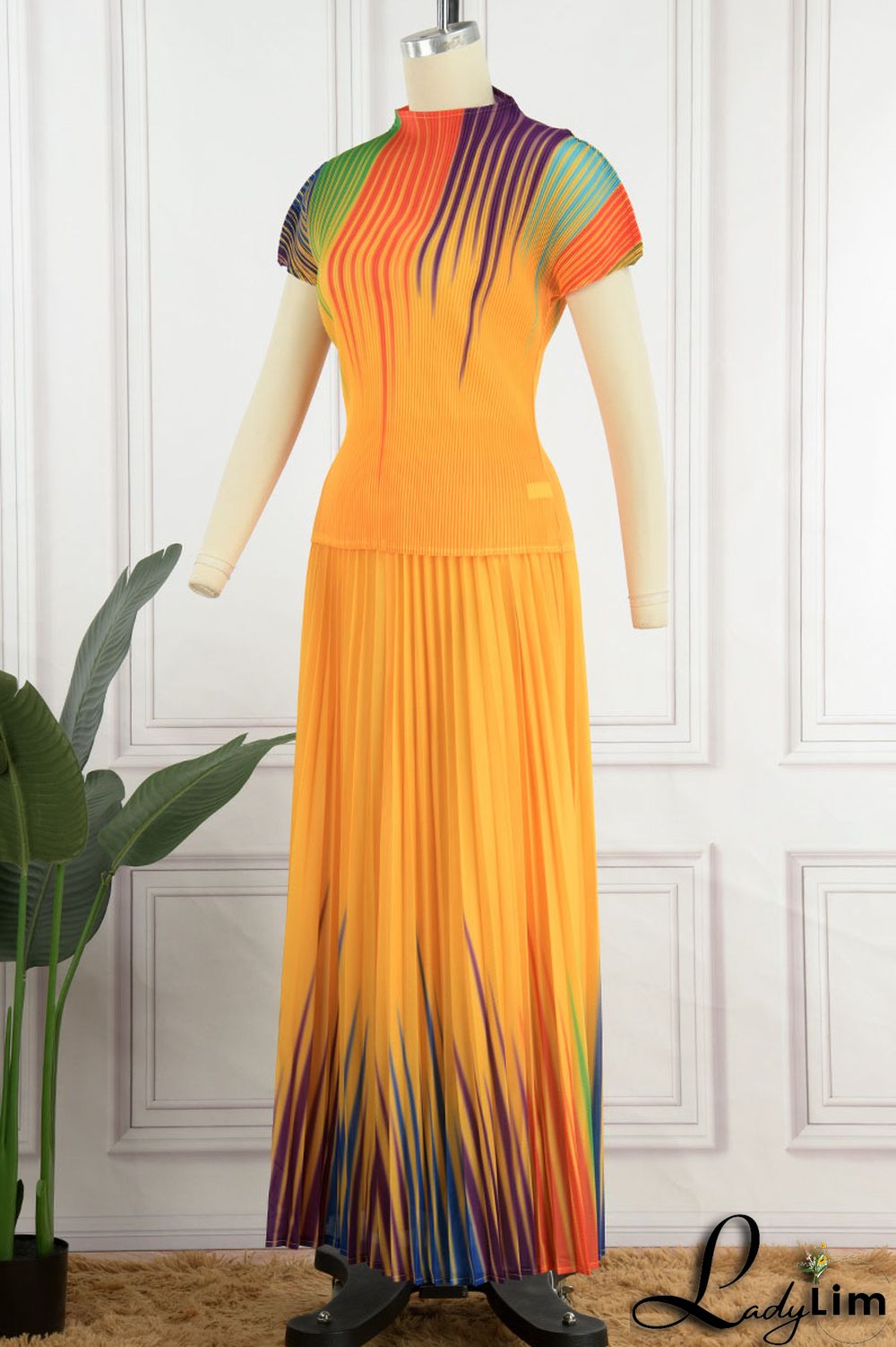 Apricot Casual Elegant Gradual Change Print Patchwork Fold O Neck Short Sleeve Two Pieces