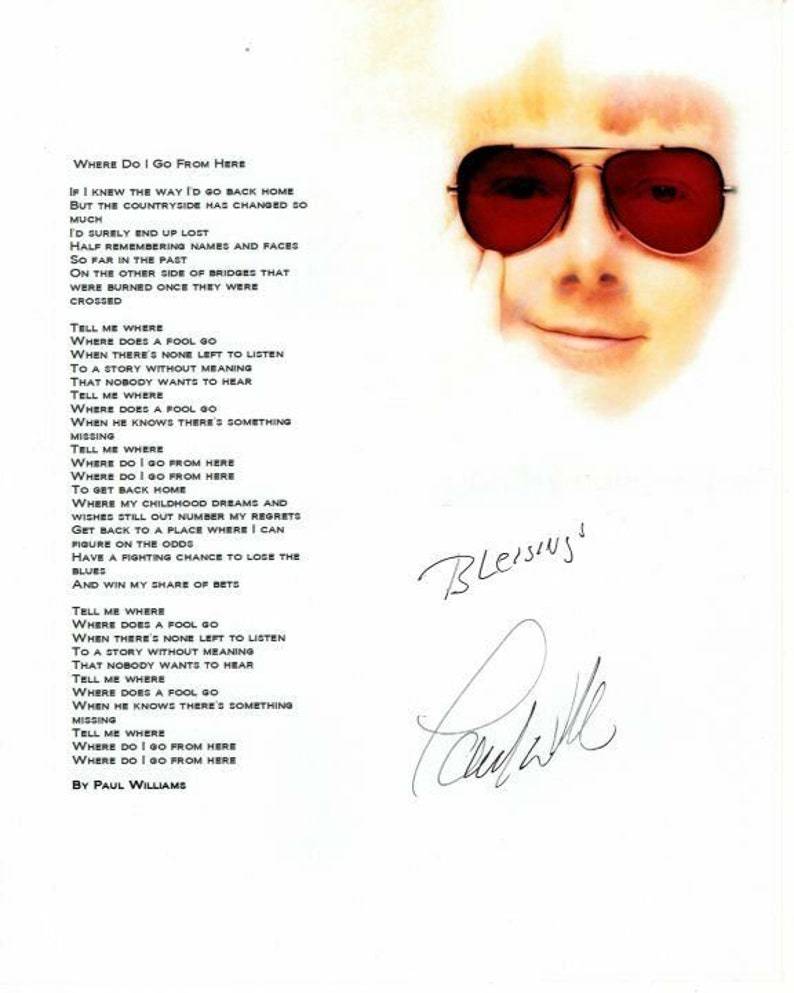 Paul williams signed autographed where do i go from here lyrics Photo Poster painting