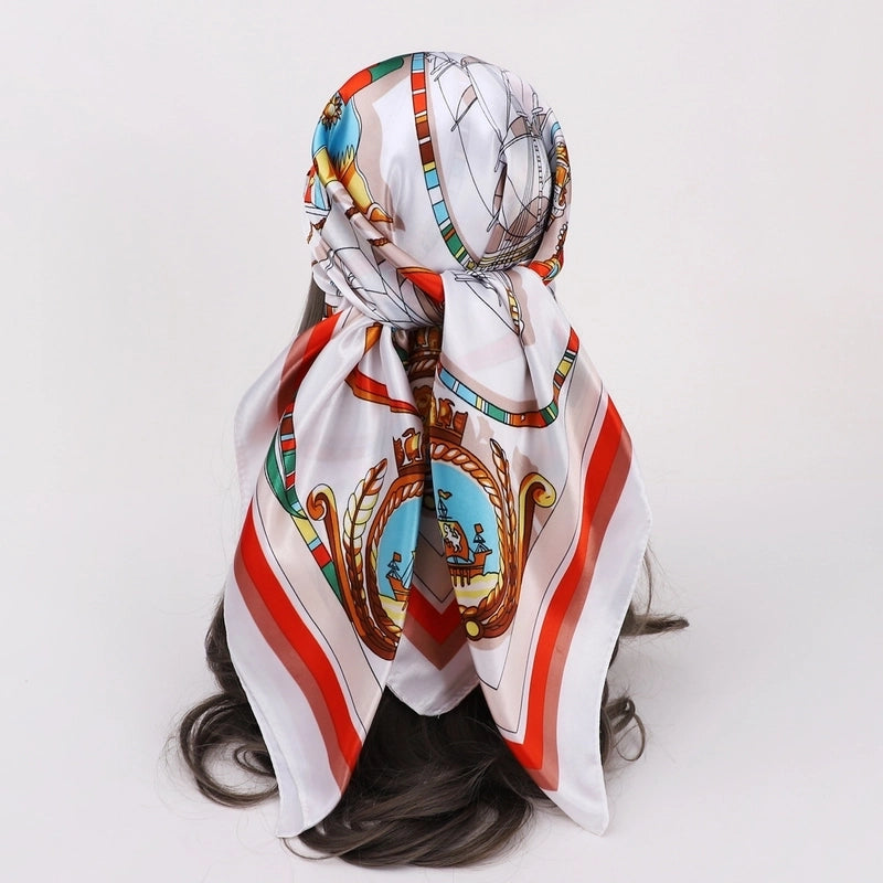 Women’s Vacation Plaid Satin Printing Silk Scarf