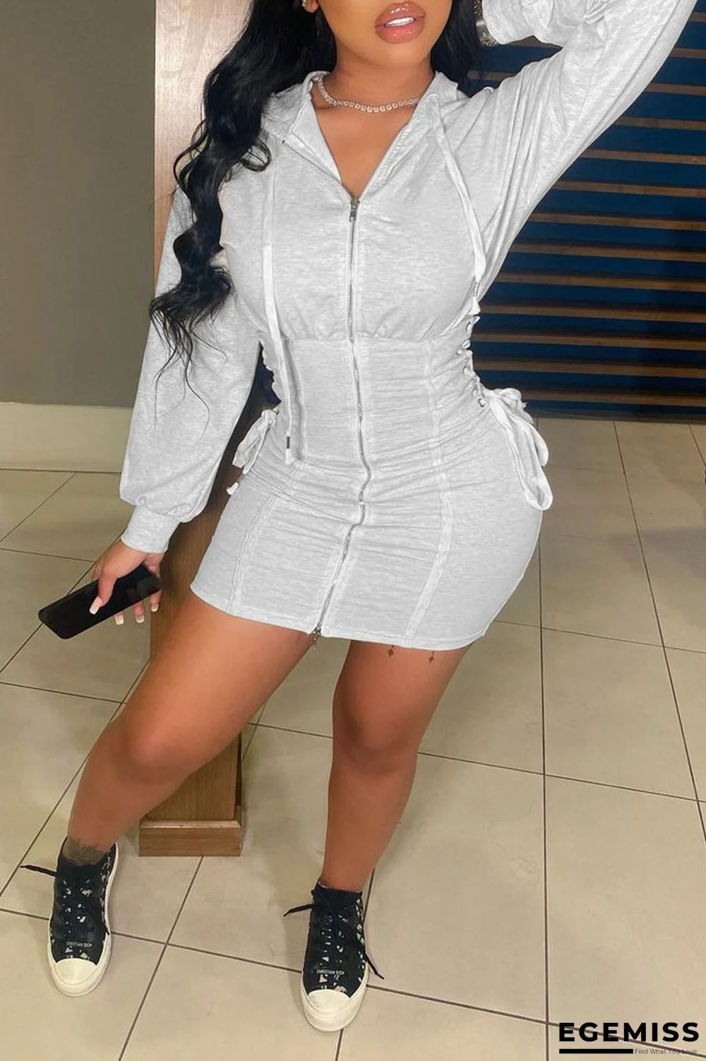 Grey Casual Solid Bandage Patchwork Fold Zipper Hooded Collar One Step Skirt Dresses | EGEMISS